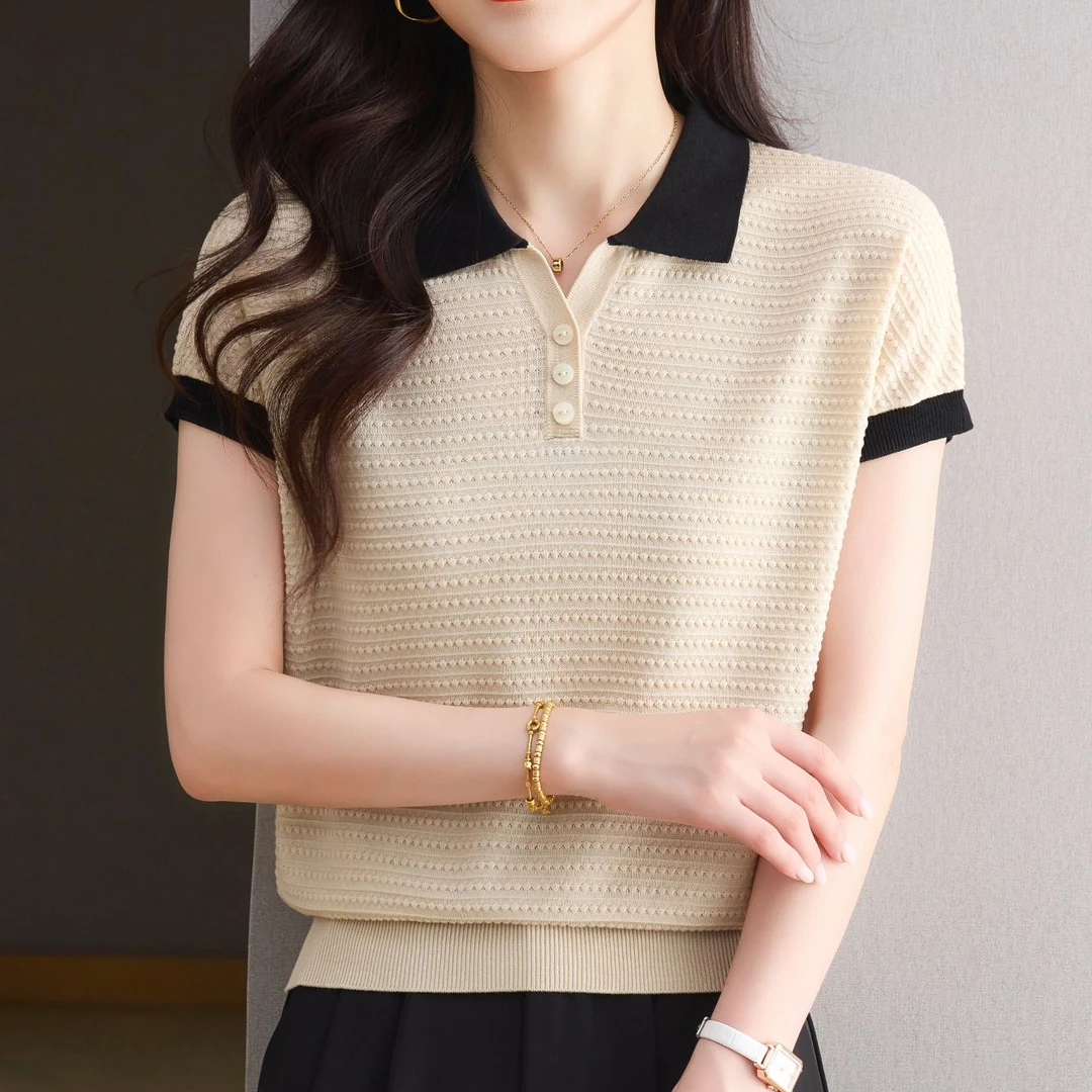 【天丝】凉感薄款短袖T恤女夏新款宽松短款套头上衣翻领纯色针织衫