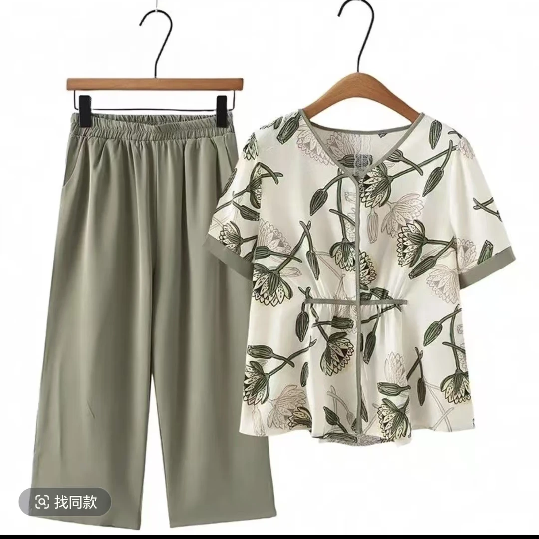 8430-H妈妈装套装休闲气质印花两件套薄衬衫上衣新仓库1-1-2