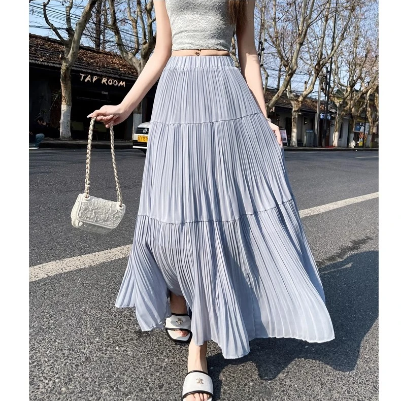 蓝色雪纺半身裙女春夏季2025新款高腰显瘦a字仙女压褶蛋糕裙长款