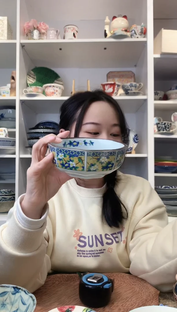 陶瓷【微瑕】吾山窑黄花鸟八角钵13.5cm