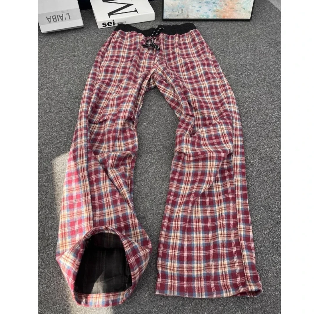 美式复古红色格子裤男早秋cleanfit褶皱春秋季裤子微喇直筒裤潮牌