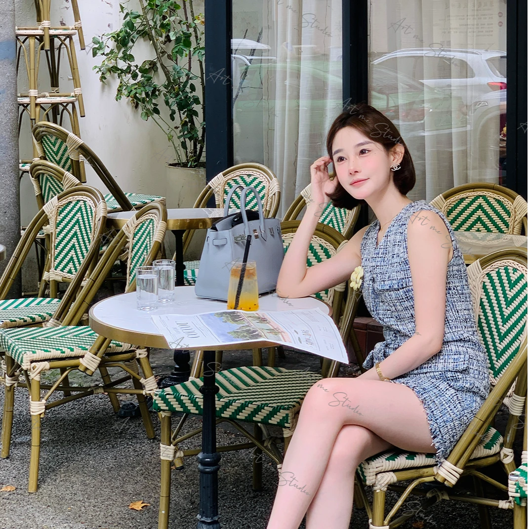 棉混纺御姐优雅轻奢感风流苏编织粗花呢小香无袖连衣裙w1792t1