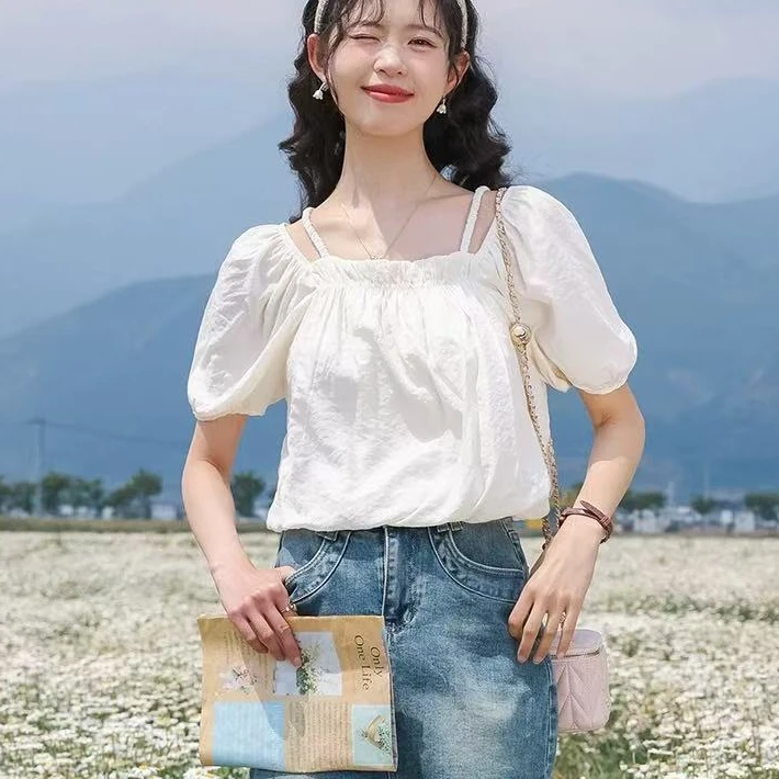 【慕妍专属】164（衣长50）法式甜美一字露肩吊带雪纺衬衫（双层）