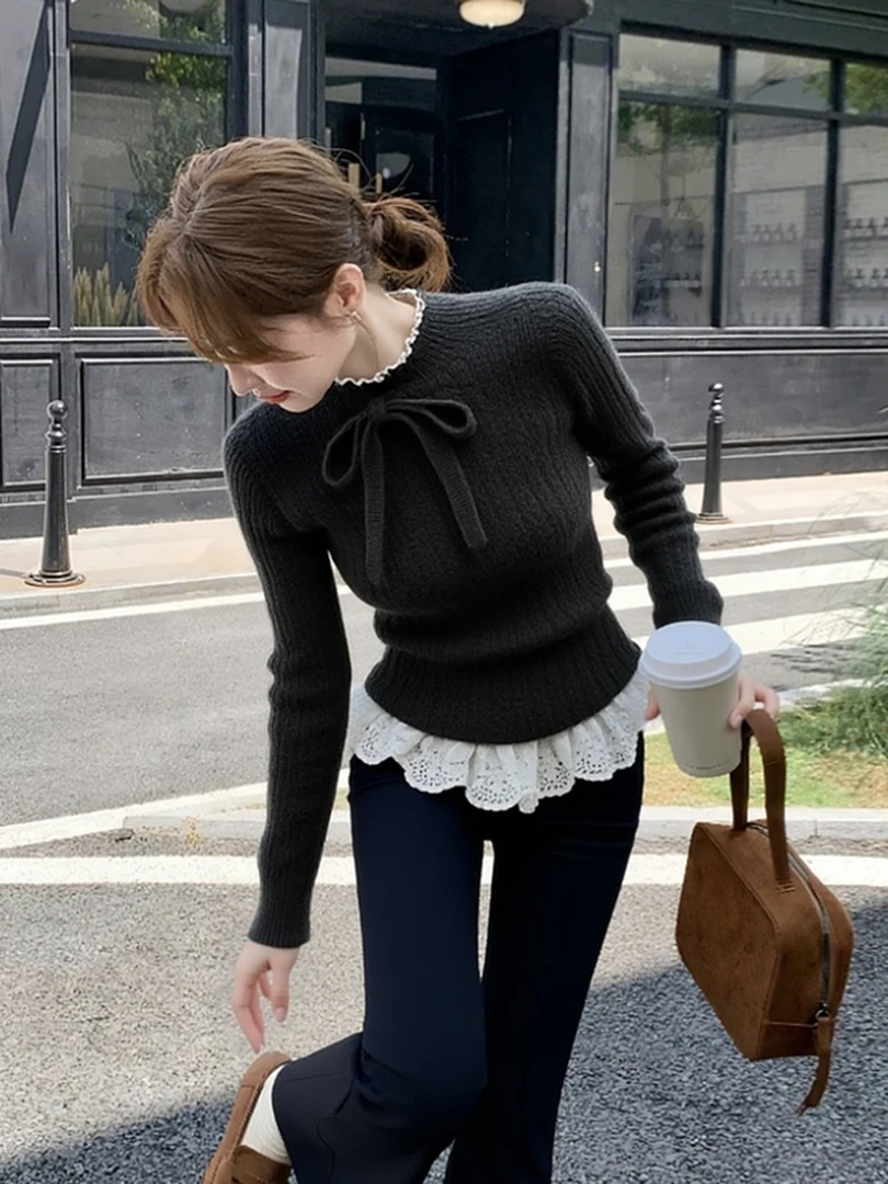 深灰色毛衣女冬2025新款巨好看轻奢高端设计感假两件拼接针织上衣