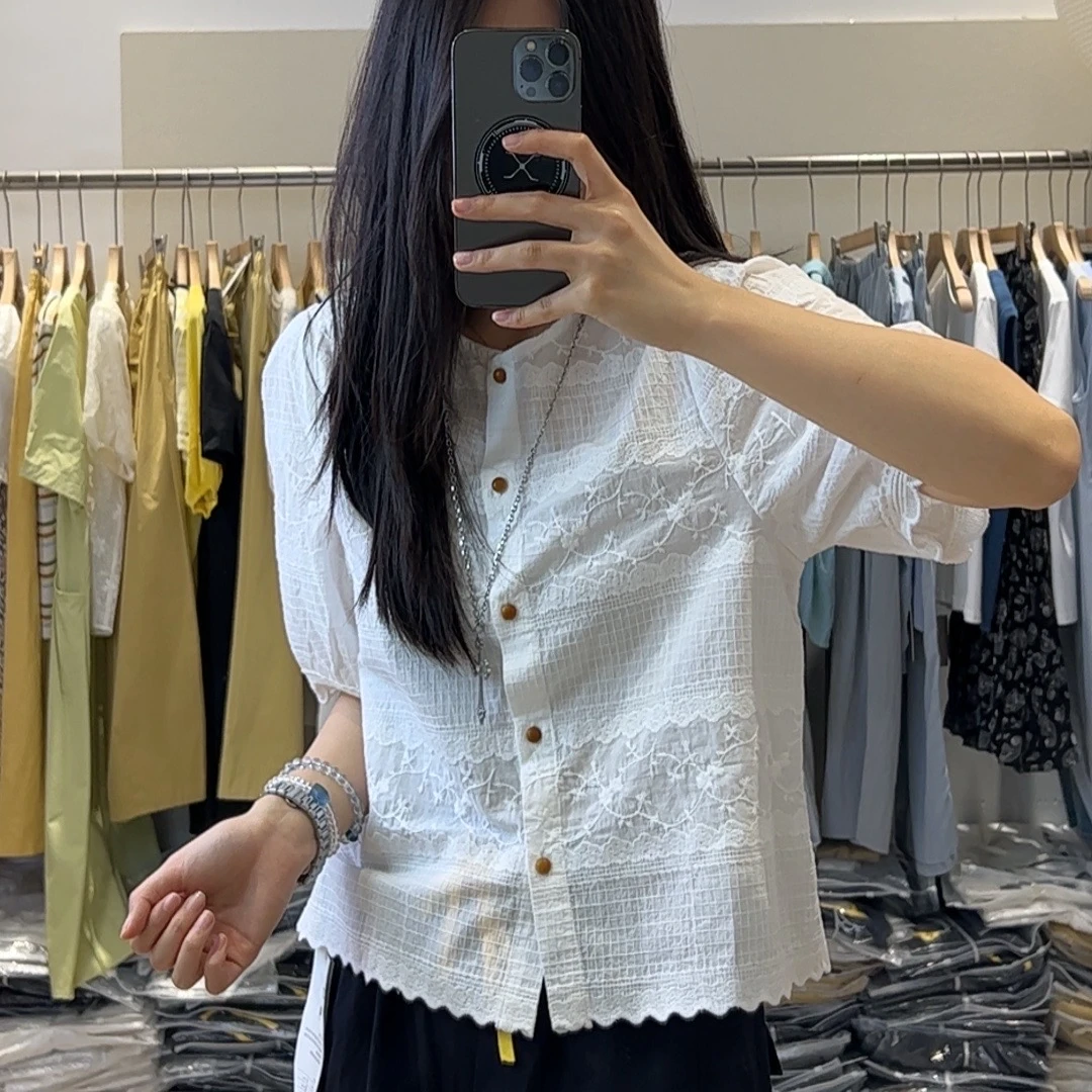 【今喜女装】夏季圆领刺绣提花短袖棉衬衫女甜美减龄百搭娃娃衫上衣