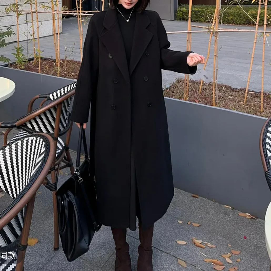 25年冬季爆款六粒扣气质毛呢韩版过膝长款加厚显瘦双面呢大衣