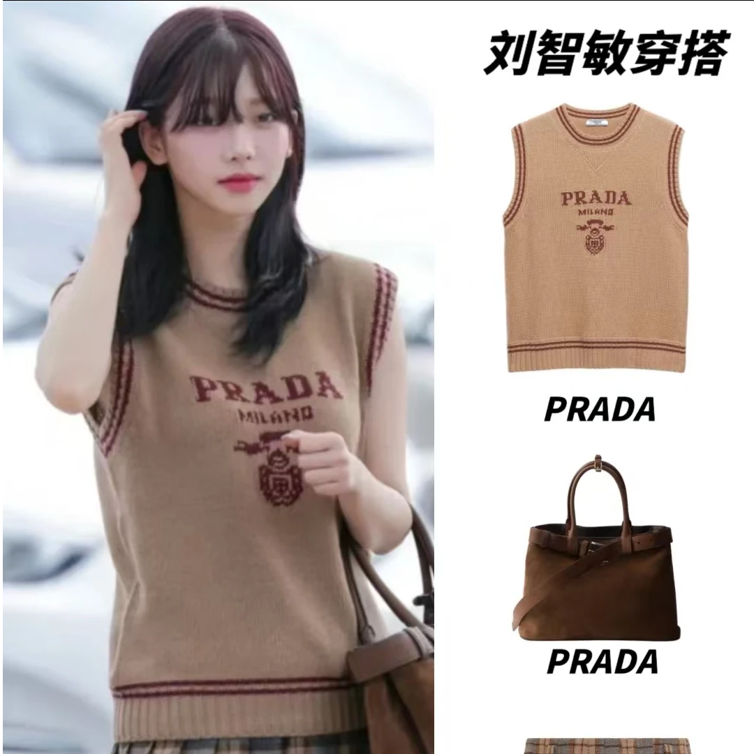 全新未使用 Prada/普拉达 logo针织圆领 棕色/36