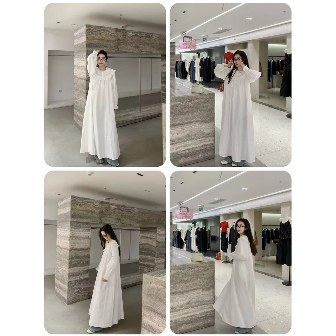 十三行-巴黎假日白色花边大翻领灯笼袖复古古董连衣裙#252