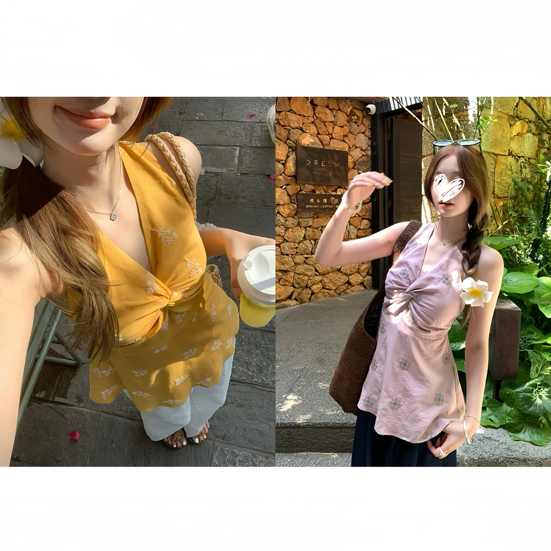 【山樱漫岛】V领扭结刺绣无袖收腰显瘦挂脖小衫上衣21311