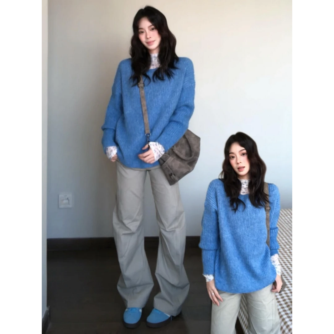 韩系蓝色上衣宽松套头针织衫内搭高领碎花微透打底衫休闲阔腿裤