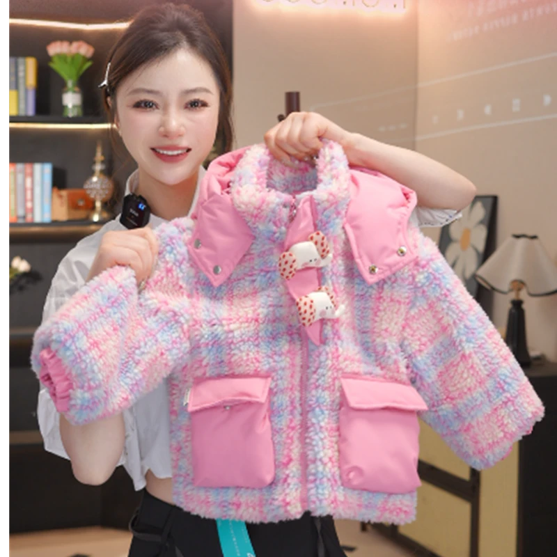 MOMOCO冬季新款女童格子连帽洋气棉服保暖外套75830107142