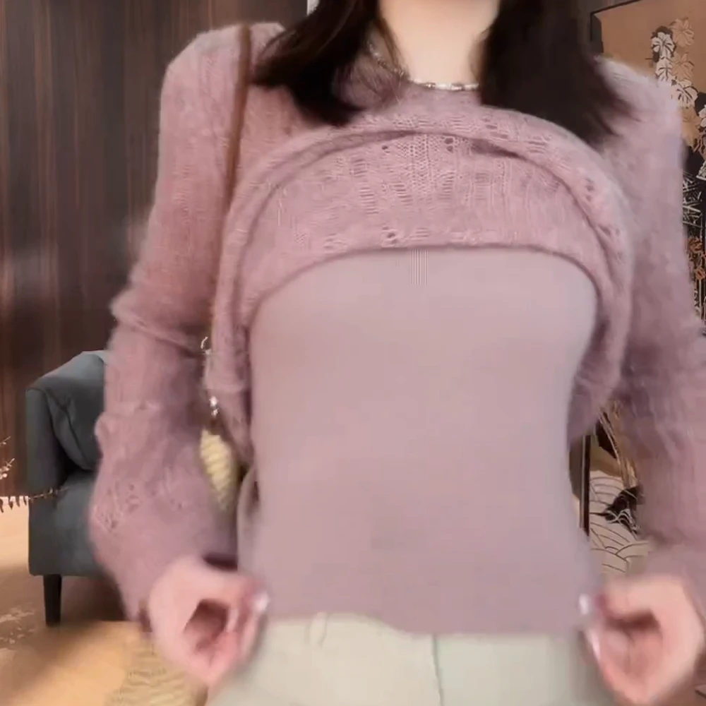 （针织吊带两件套）2025春季早春新款镂空长袖针织上衣