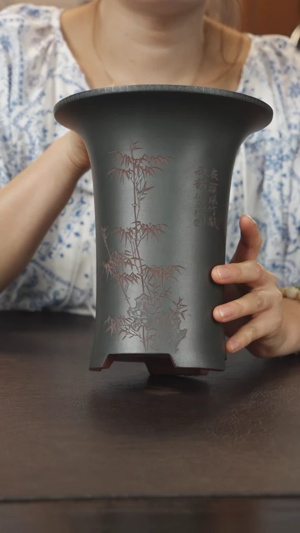 紫砂花盆紫泥粉绿泥花盆口16,8高20