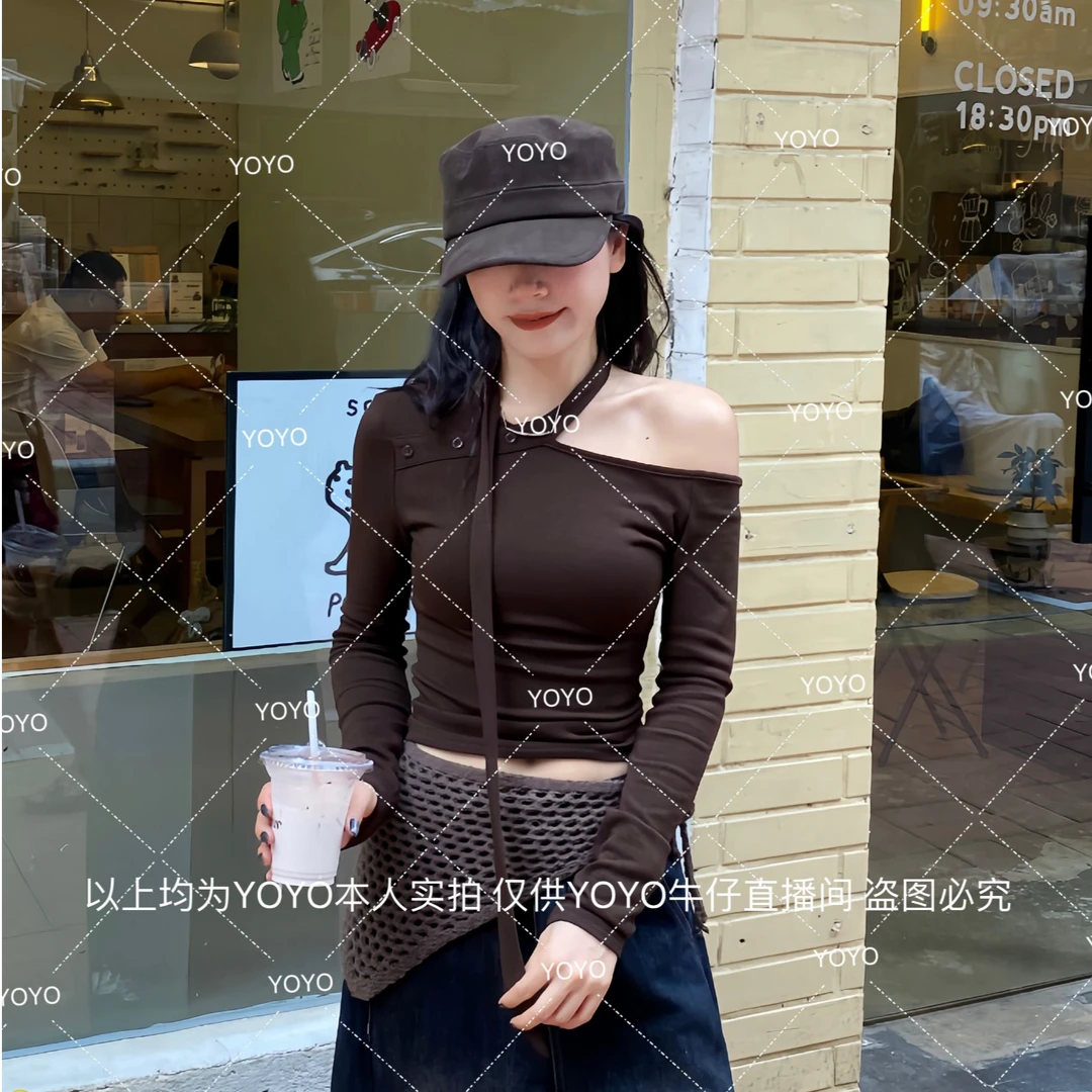 YOYO自制【斜肩飘带】秋款长袖INS风落肩袖不对称T恤显瘦上衣