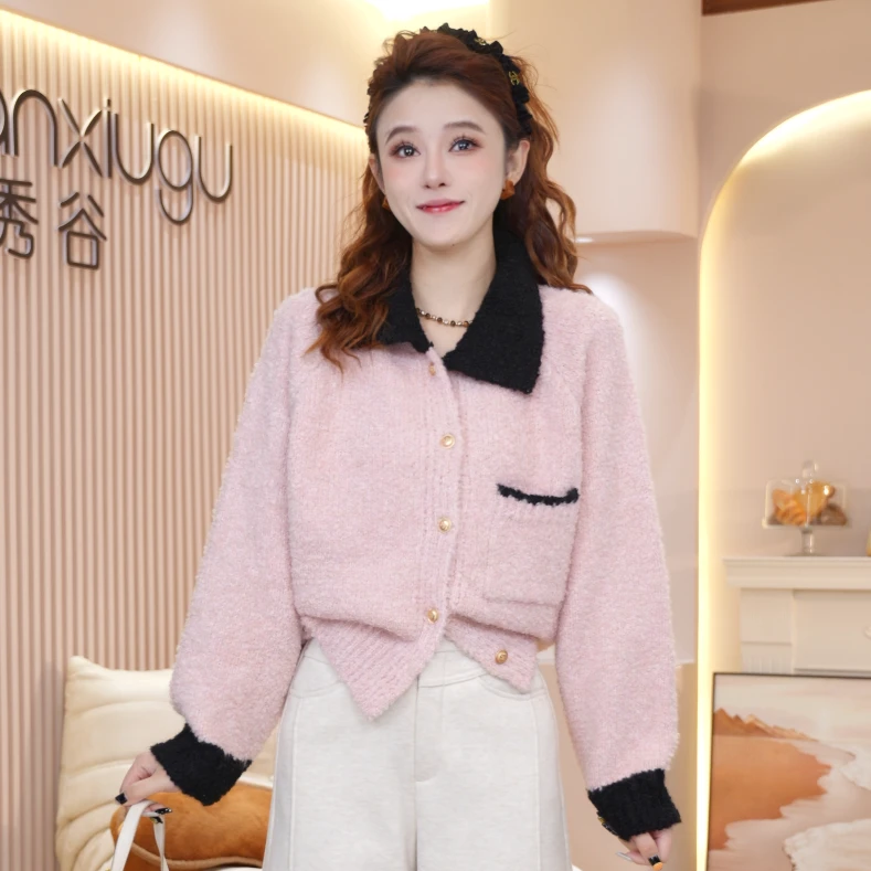 小香风翻领针织开衫女2025秋新款厚款软糯气质减龄短款外套Y9156