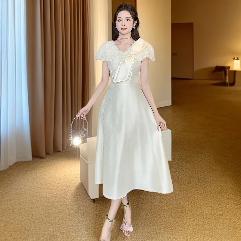 2025夏季新款女装法式设计感蓬蓬礼服裙蝴蝶结收腰大摆连衣裙9893