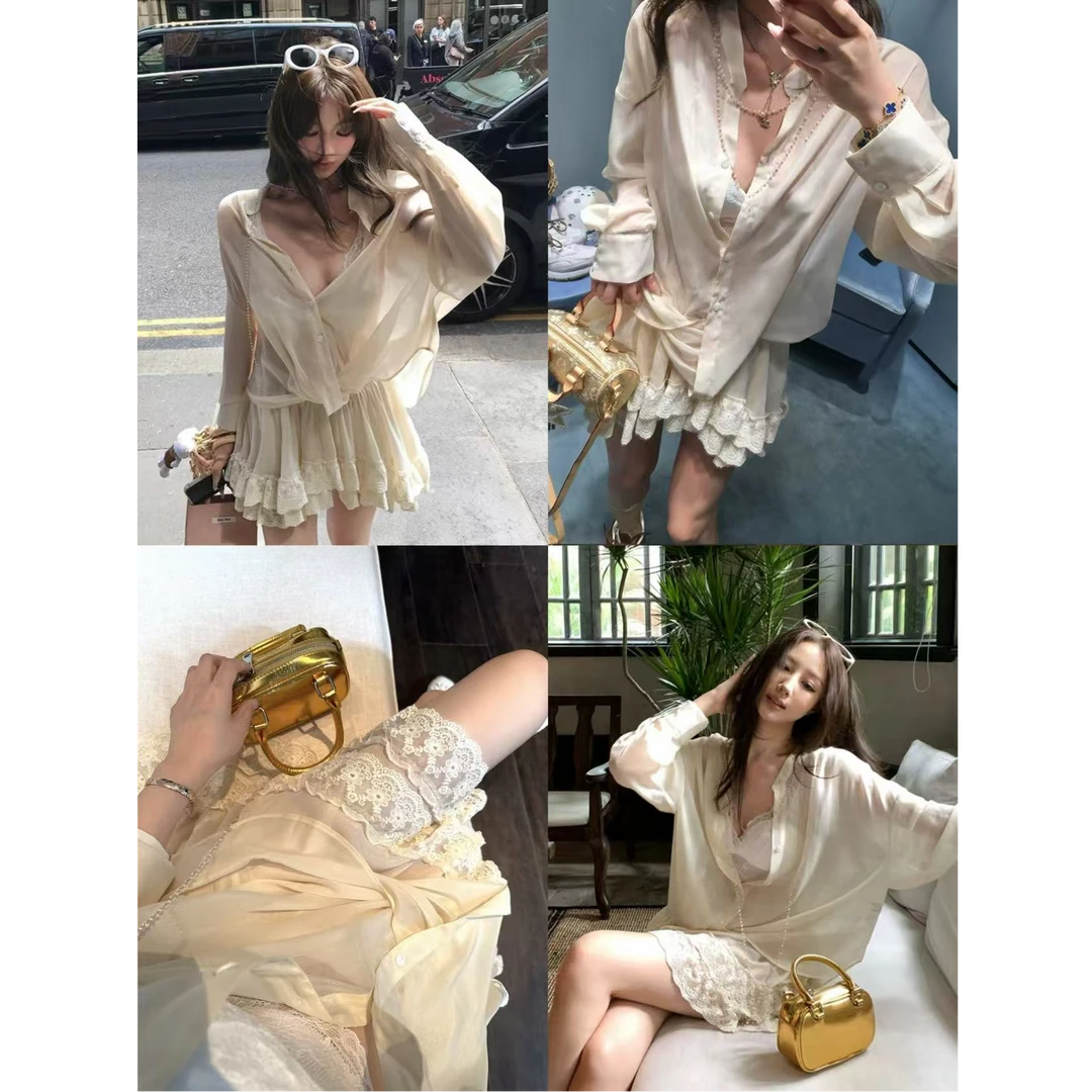 SWEET困困喵韩系甜美小众浪漫飘逸衬衫女夏季新款蕾丝半身裙套装