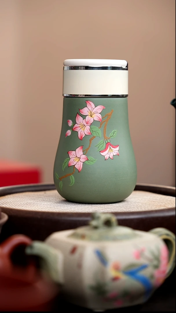 茶壶紫砂豆青砂蔷薇花随行杯