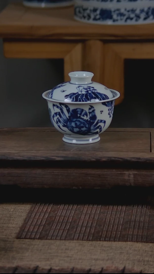 盖碗折葵非器手工手绘螃蟹两才盖碗