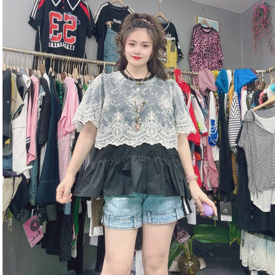 LY家275#水 蕾丝花边拼接常规宽松休闲百搭T恤