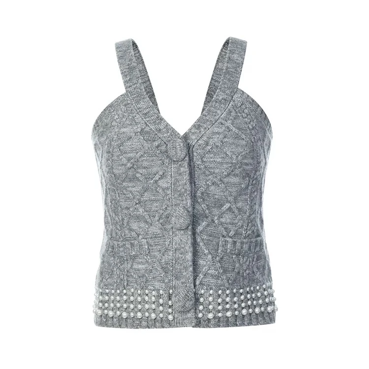 LeFame/拉飞姆24秋LF24Q41ZV119灰色菱格纹钉珠针织背心短款百搭