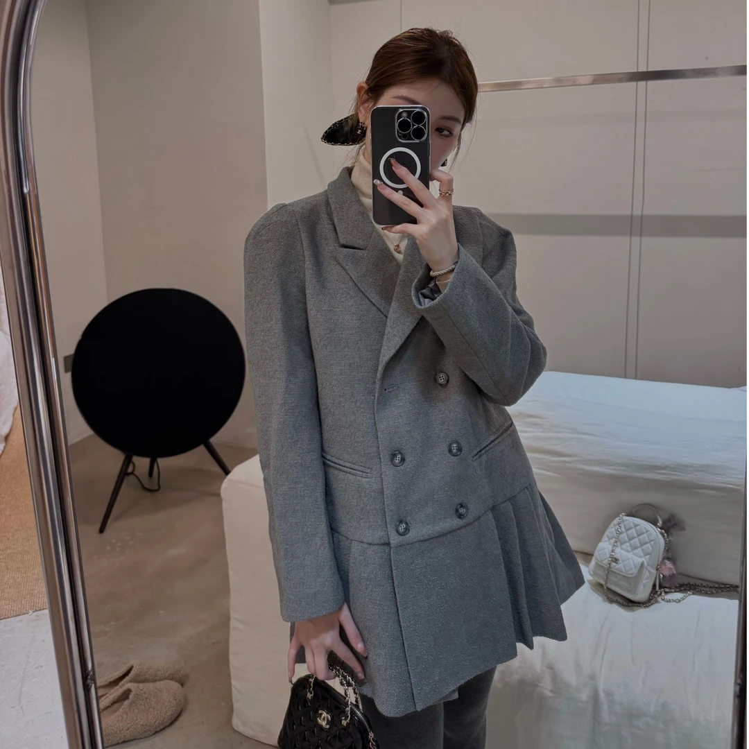 IU INC 学院风长款西装褶皱半身裙减龄显瘦气质外套气质服装时尚