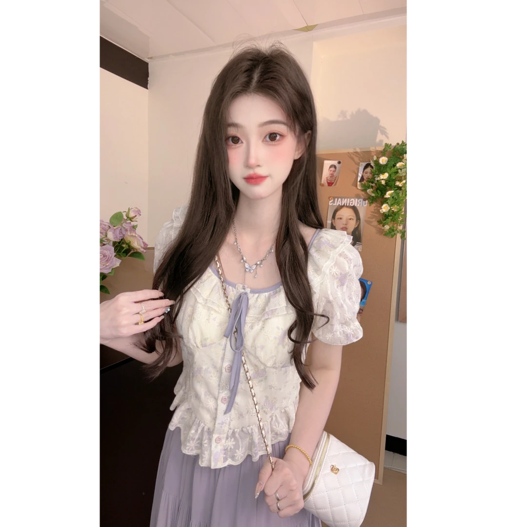 夏日绝美俏皮小个子减龄洋气杏色泡泡袖衬衫两件套裙装女2025新款