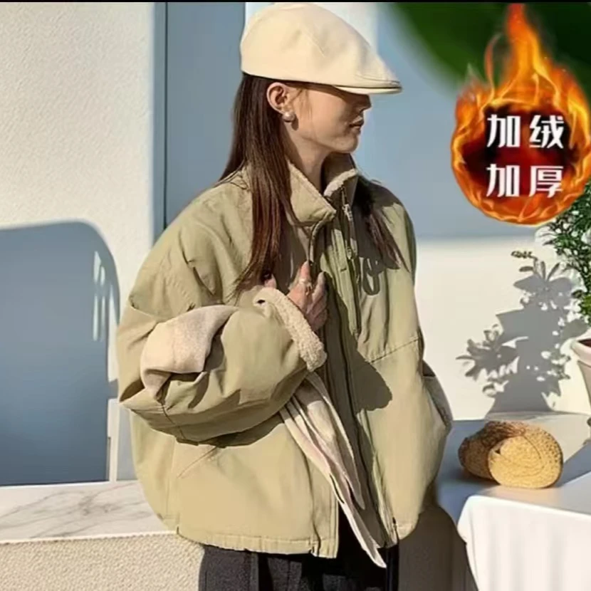 2025仿羊羔毛双拉链复古机车小个子宽松休闲夹克外套