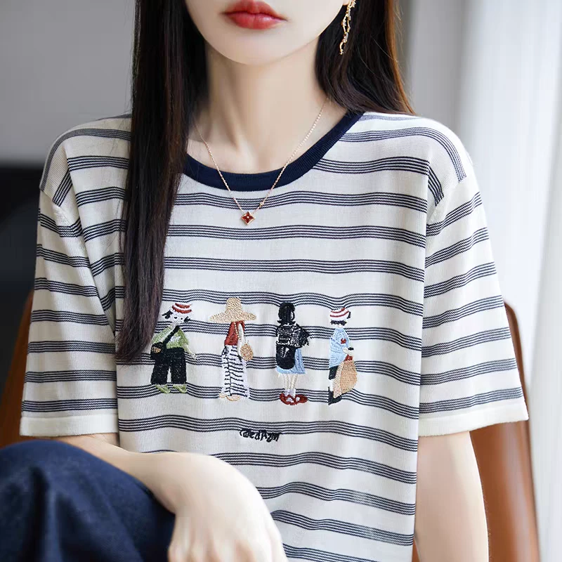 【100%天丝】天丝莱赛尔刺绣圆领条纹短袖女 夏季宽松t恤