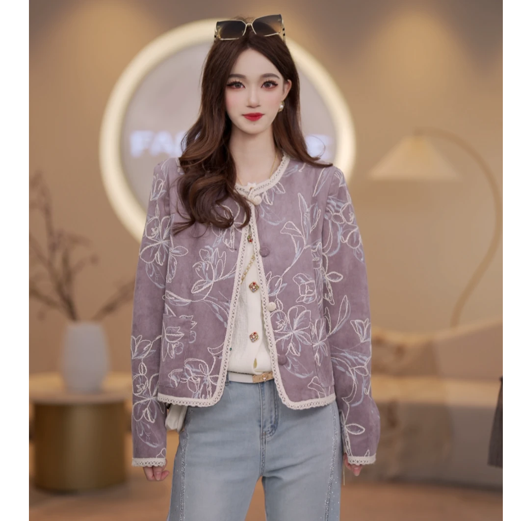 马克华菲女装秋季拼色绣花法式复古气质重工小香风外套小个子 v