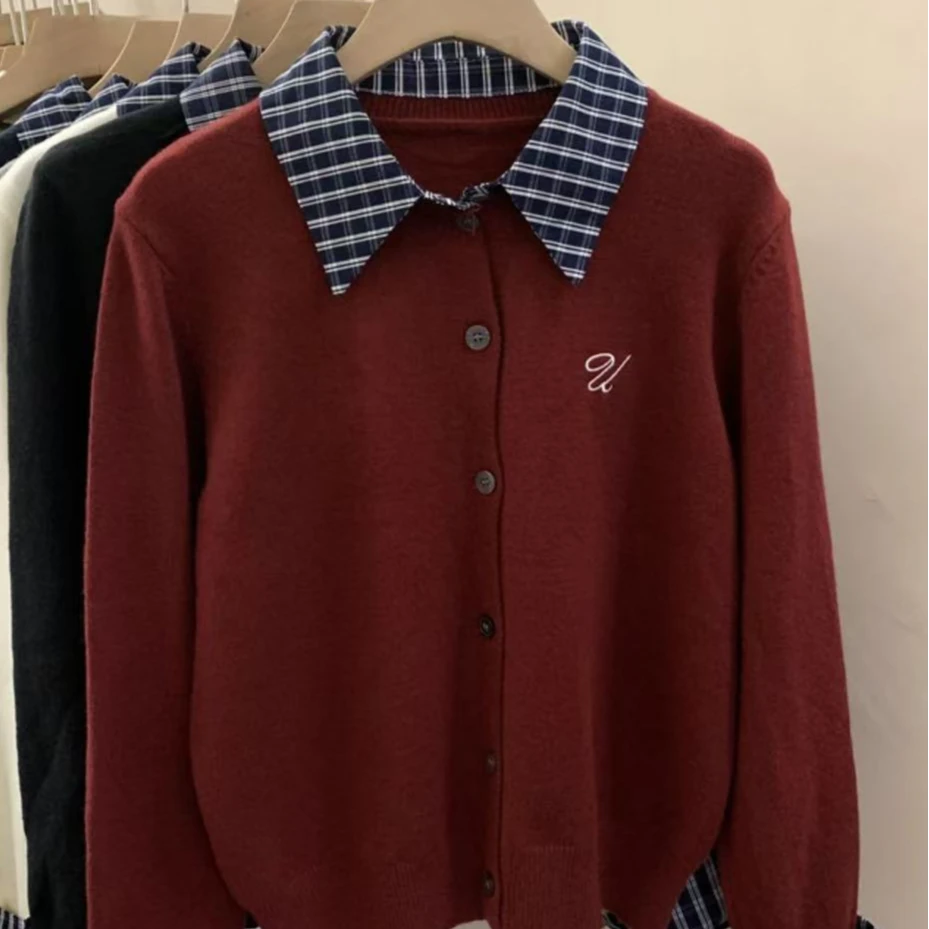 设计感假两件毛衣女开衫2024秋季新款韩版撞色拼接polo领针织上衣