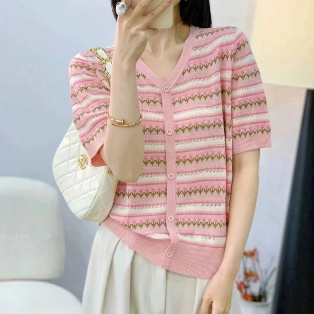 大码镂空提花洋气显瘦时尚撞色条纹百搭宽松女短袖女装针织衫