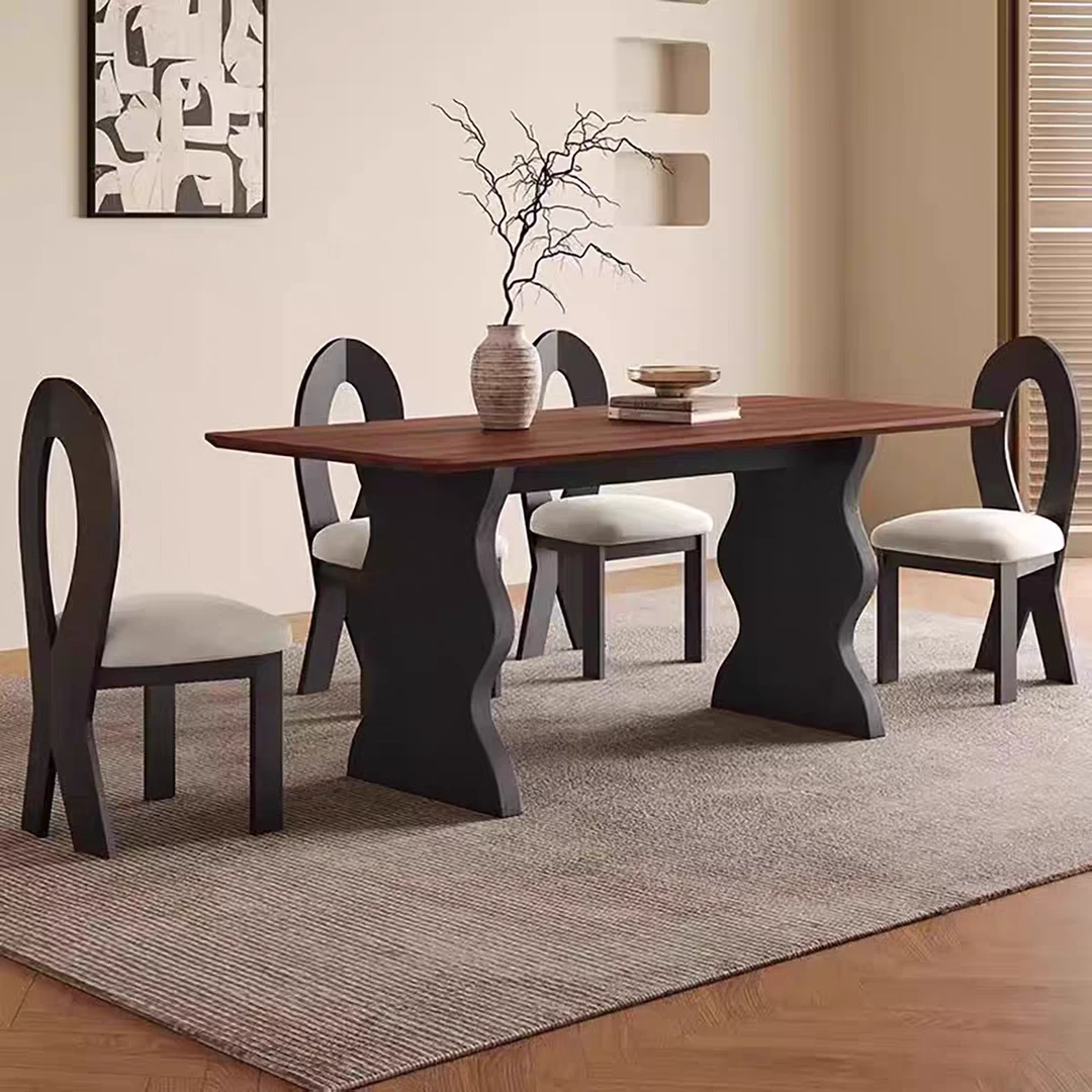 法式中古复古风实木餐桌椅组合家用小户型长方形条形波浪饭桌