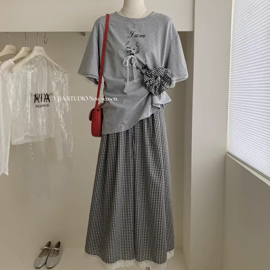 2025夏季新款韩版时尚百搭圆领短袖T恤女宽松显瘦格子阔腿裤套装