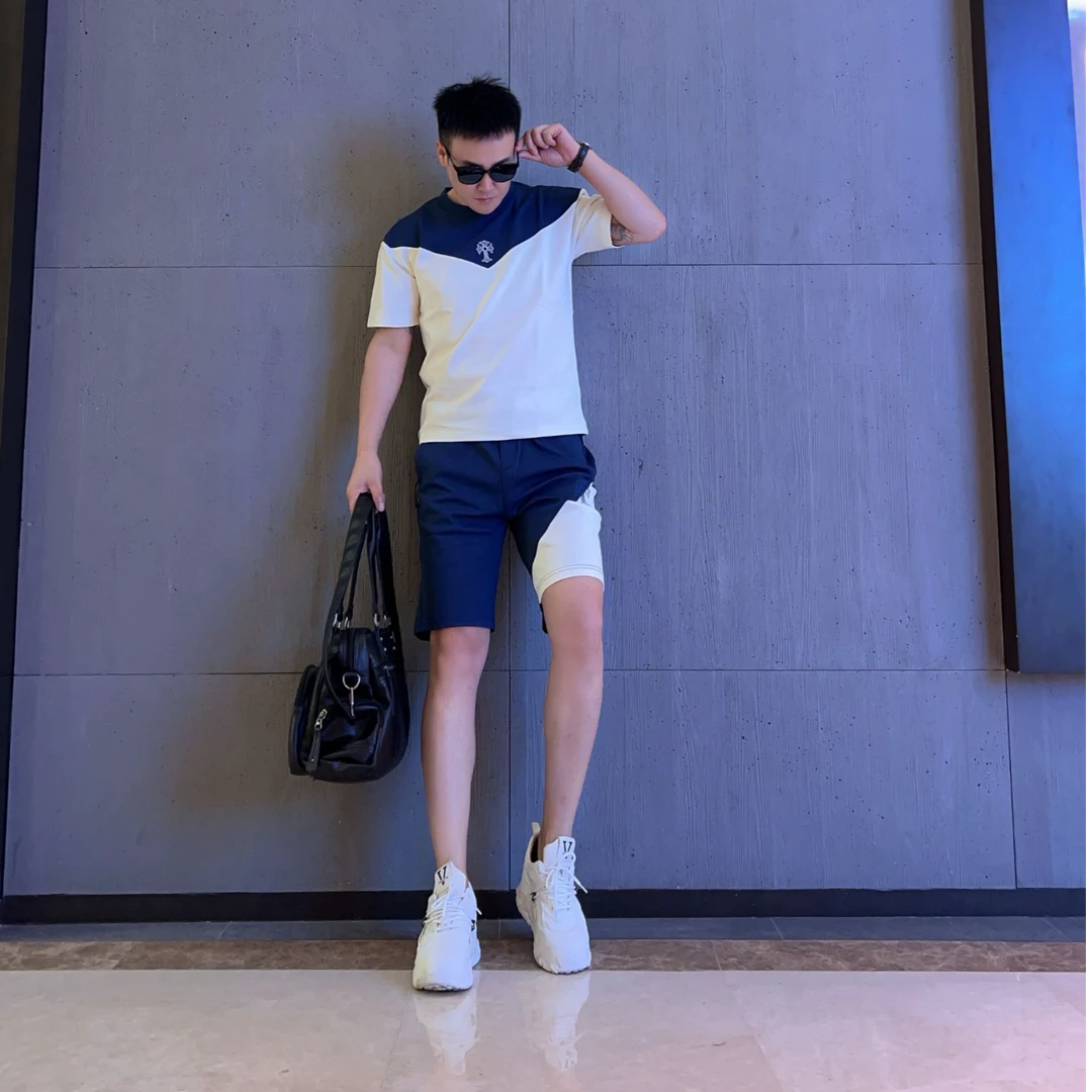 夏季新款男士时尚潮牌高端轻奢撞色重工刺绣休闲百搭透气两件套