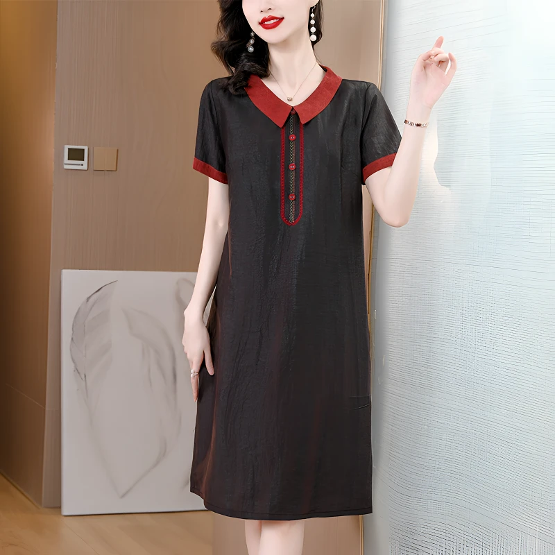 国风高端桑蚕丝V领连衣裙女2025夏季新款大码宽松显瘦气质洋气裙