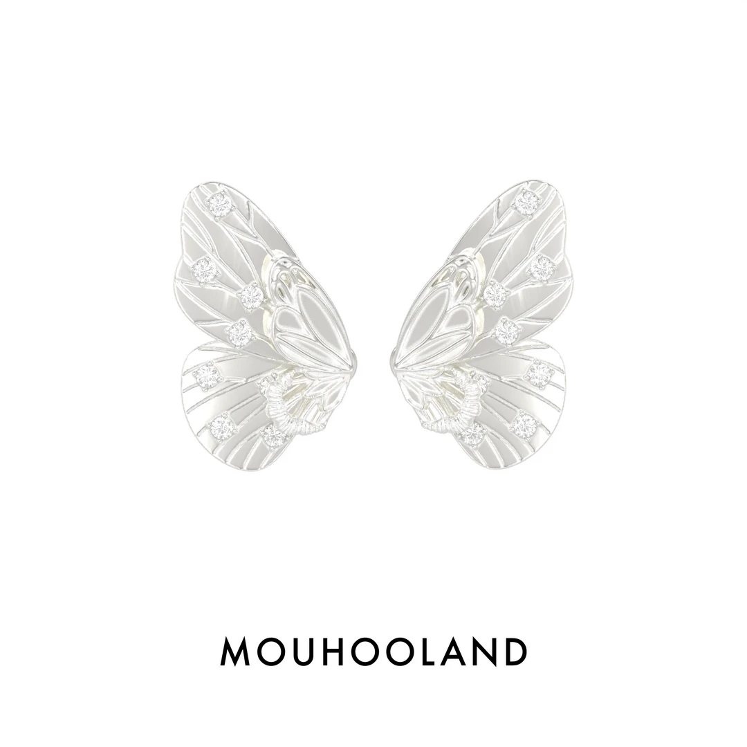 Mouhooland/暮后之地 铜合金锆石耳饰 蝶翼双层耳钉925银针拉丝
