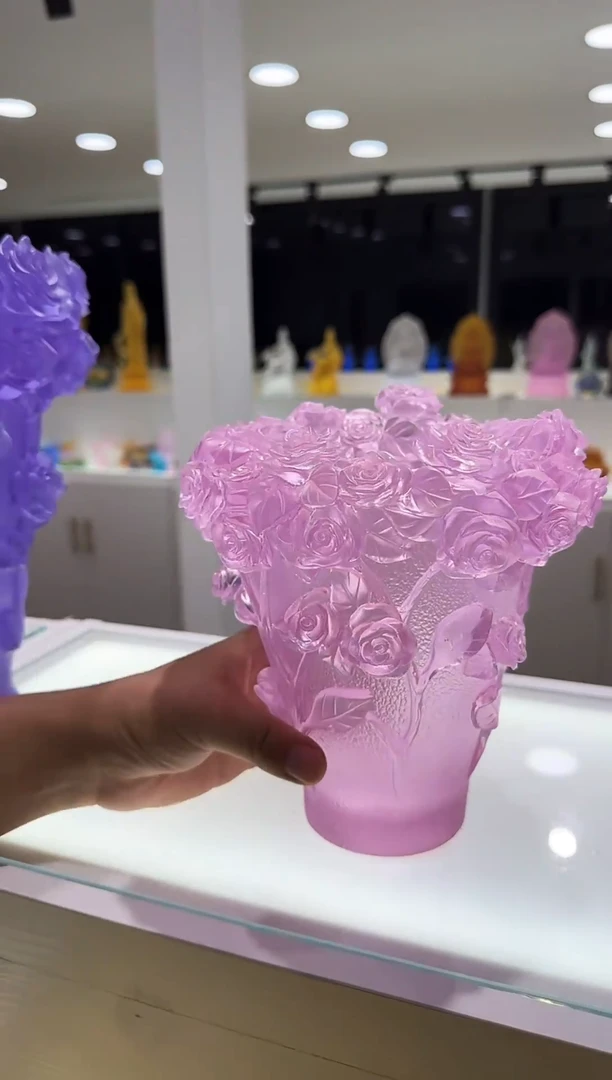 手工艺品琉璃古法琉璃玫瑰花瓶粉色