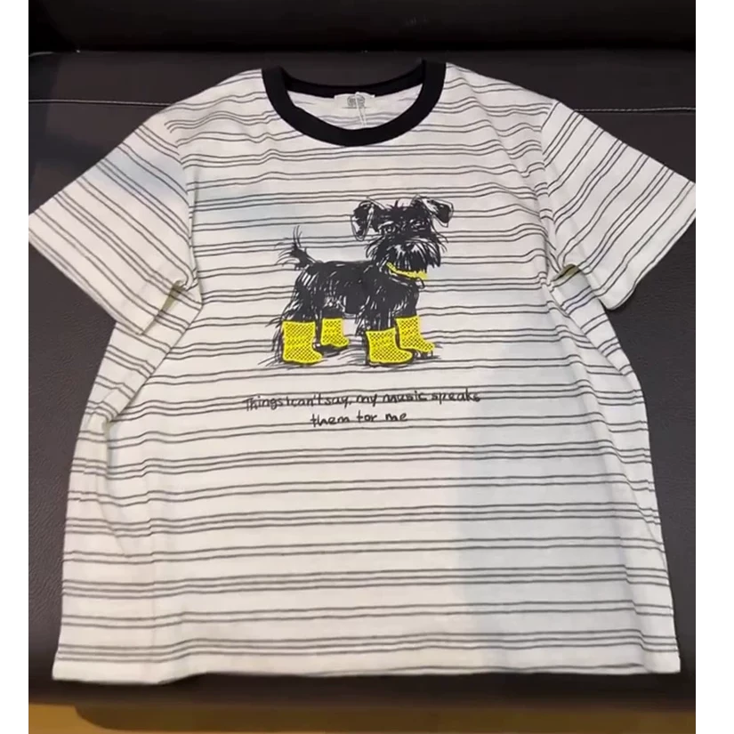 喜柿-【金雨靴】韩系超酷休闲二三条纹上衣25夏卡通小狗百搭T恤8767