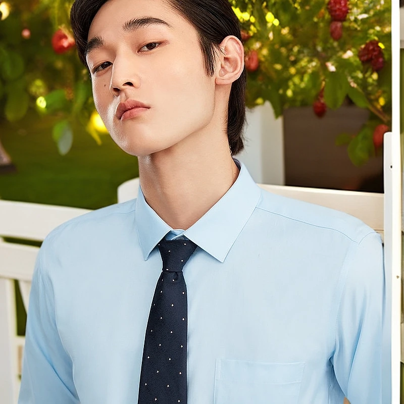 海剪标男长袖衬衫纯蓝色修身带收腰线商务休闲百搭职业纯色衬衣