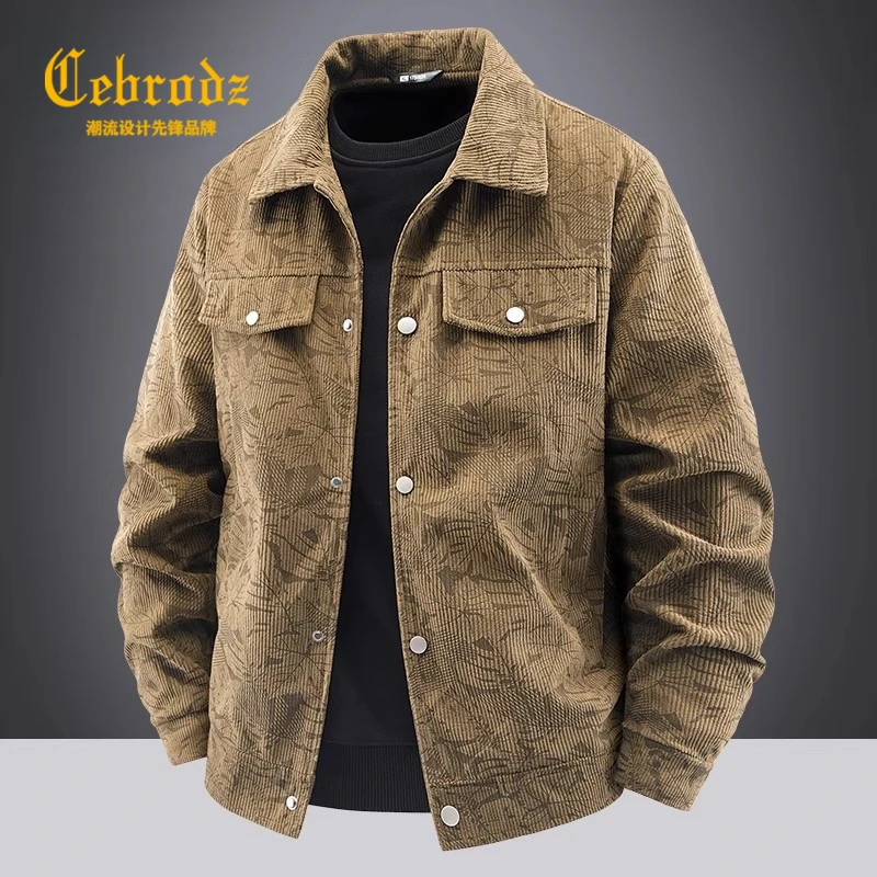 法国Cebrodz2025秋季男款宽松休闲灯芯绒印花翻领夹克工装大码