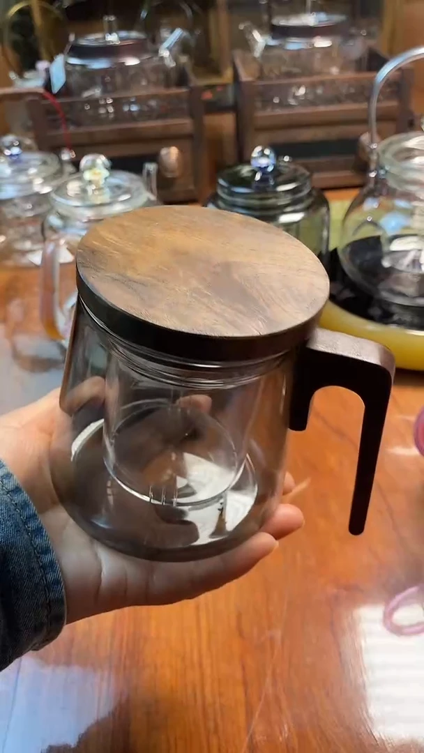 高硼硅玻璃手柄款胡桃木烟灰色