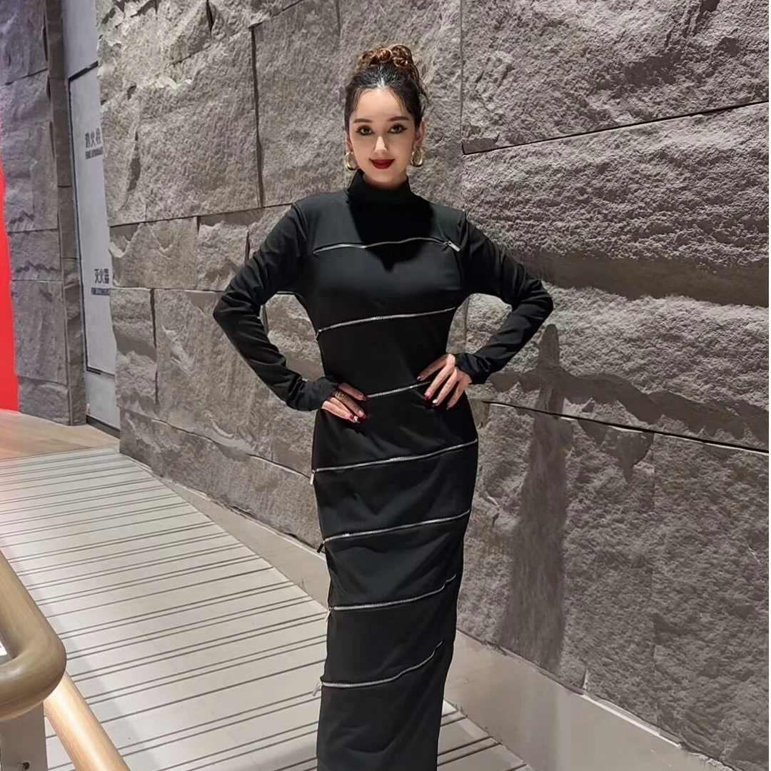 欧式高档优雅气质秋冬新款连衣裙立领衣长128长袖显瘦修身