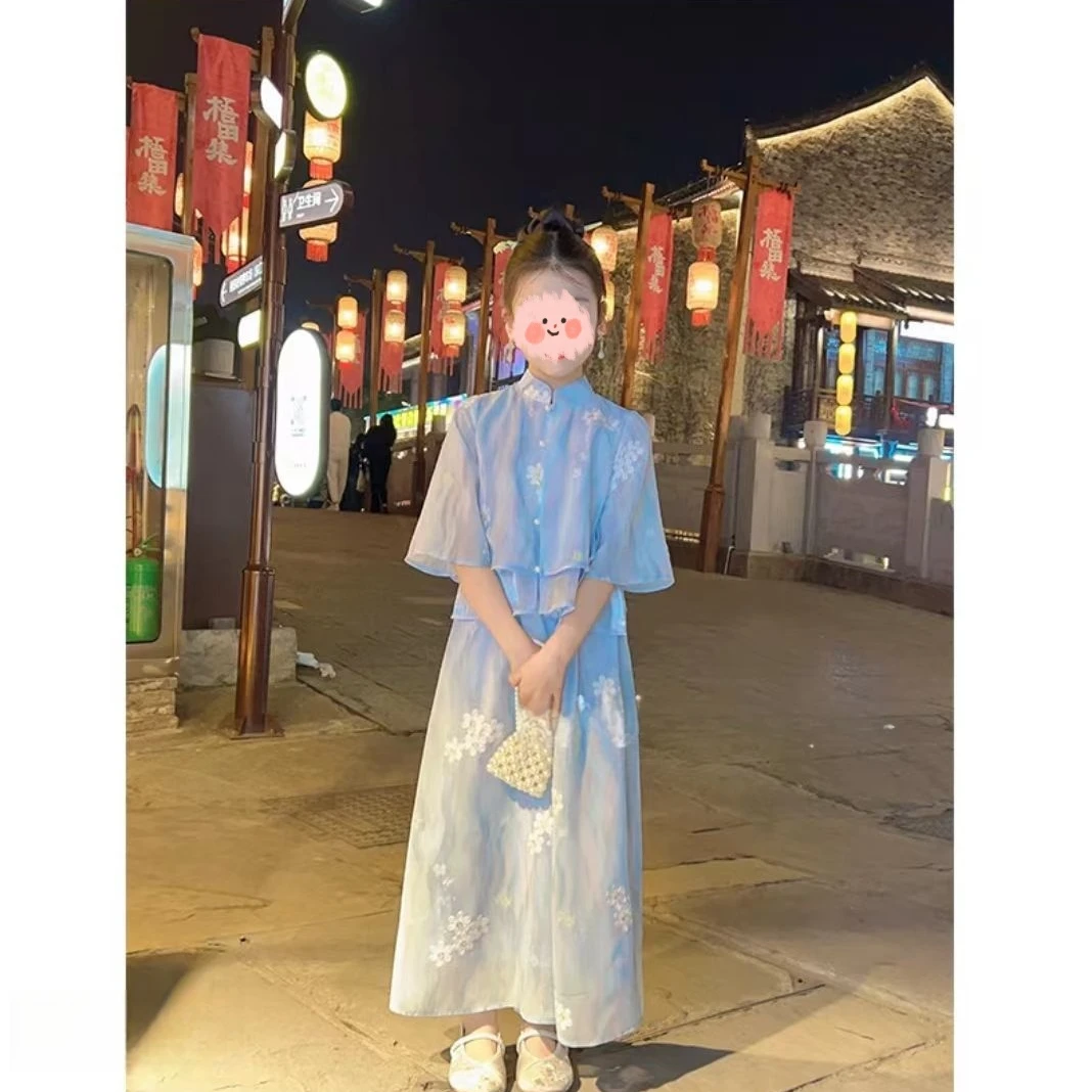 新中式国风套装裙女童夏季2025新款高级感气质盘扣衬衫裙子两件套