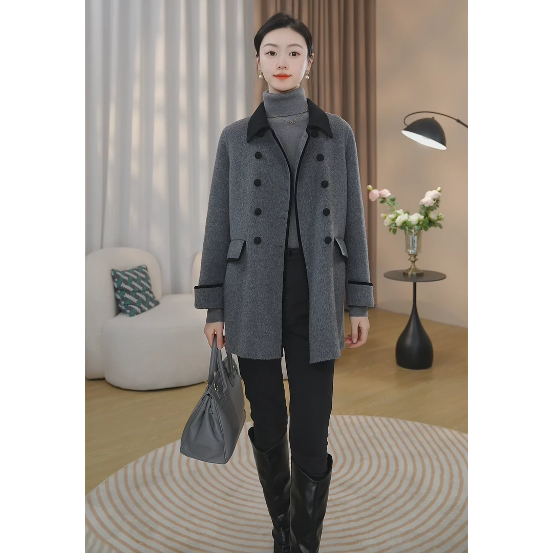 【曼贝】高端定制100%澳毛大衣百搭时尚女毛呢外套8484035【茜】