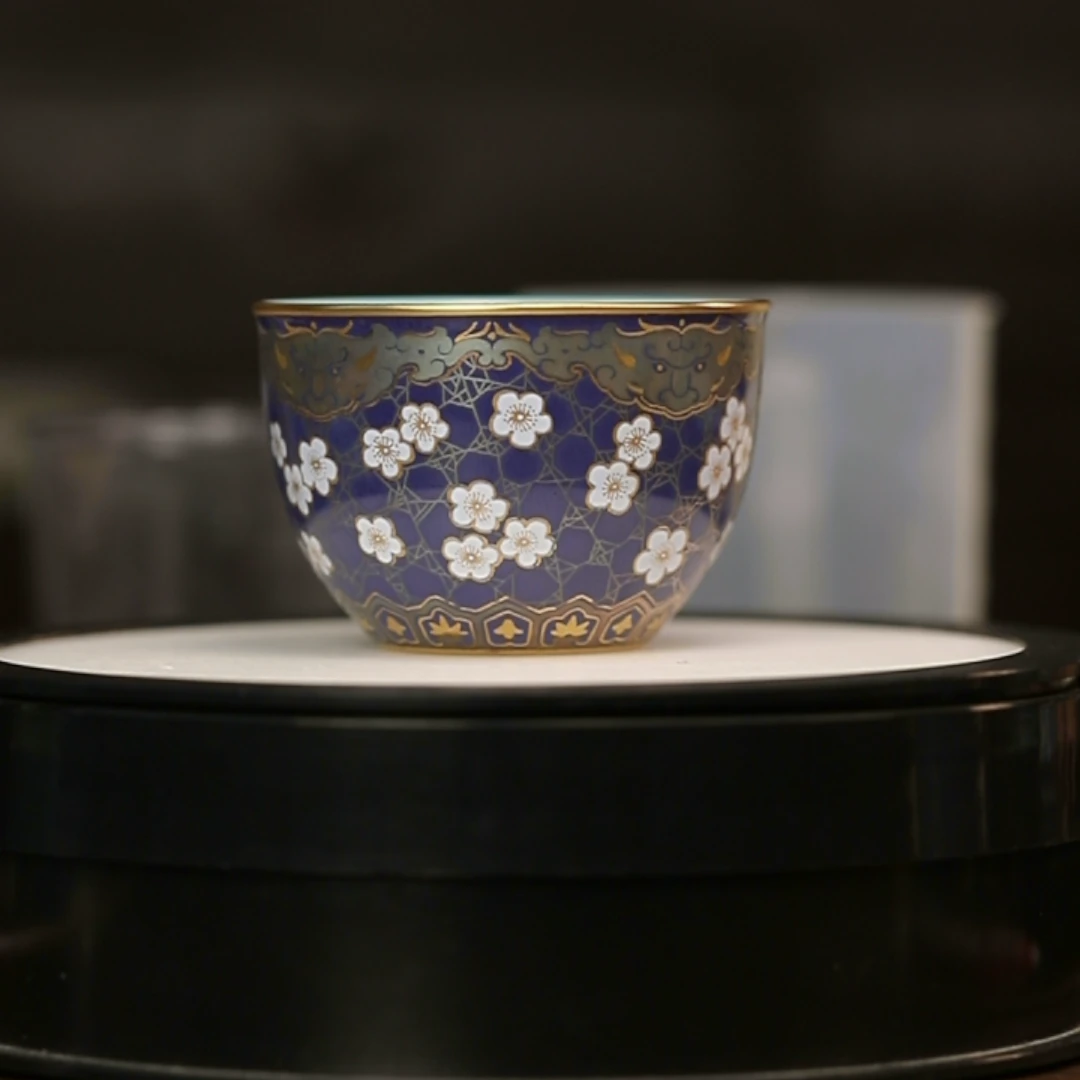 12.28a/K01449/何平窑/珐琅彩万花蓝色描金杯/120cc