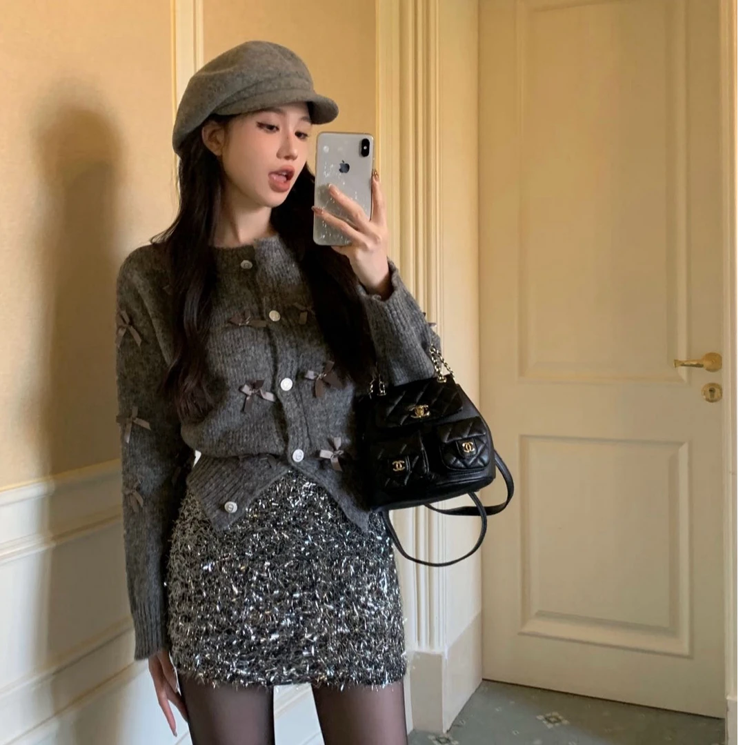 秋季新款蝴蝶结设计针织开衫长袖上衣性感辣妹半身裙外穿时尚套装