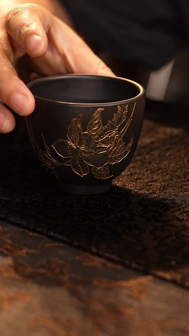 茶壶紫砂大红袍焐灰刻绘杯