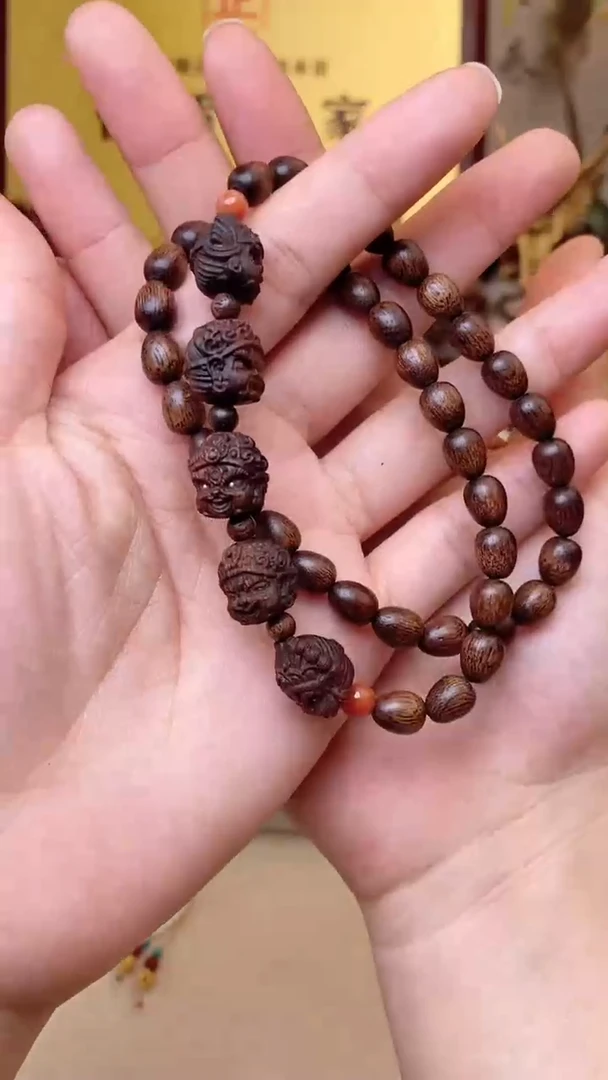 【闪购商品】沉香手串野生芽庄雷料白棋米珠双圈+沉香木五路财神