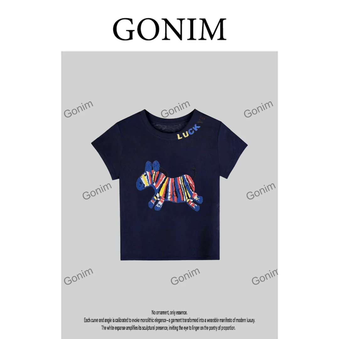 Gonim·“彩色斑马”2025春夏新款卡通印花圆领短袖T恤潮流休闲上衣